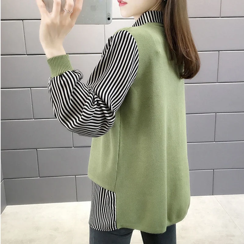 Nouveau Faux deux pièces chemises femmes printemps automne coréen mélange couleur rayé pulls pour femme col rabattu pull femme