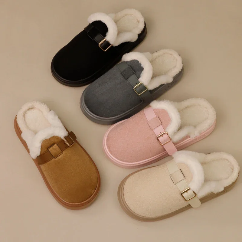 Winter-Plüsch-Pantoffeln für Damen mit Schnalle, Dicker Plüsch, Warme Flauschige Hausschuhe, Rutschfeste Baumwollschuhe für Draußen – Detail 2