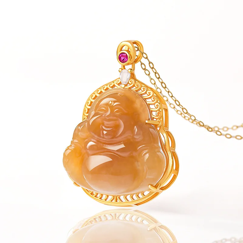Natural Hetian Sugar Yellow Laughing Buddha Jade Pendant With S925 Silver Inlay, Necklace Men And Women