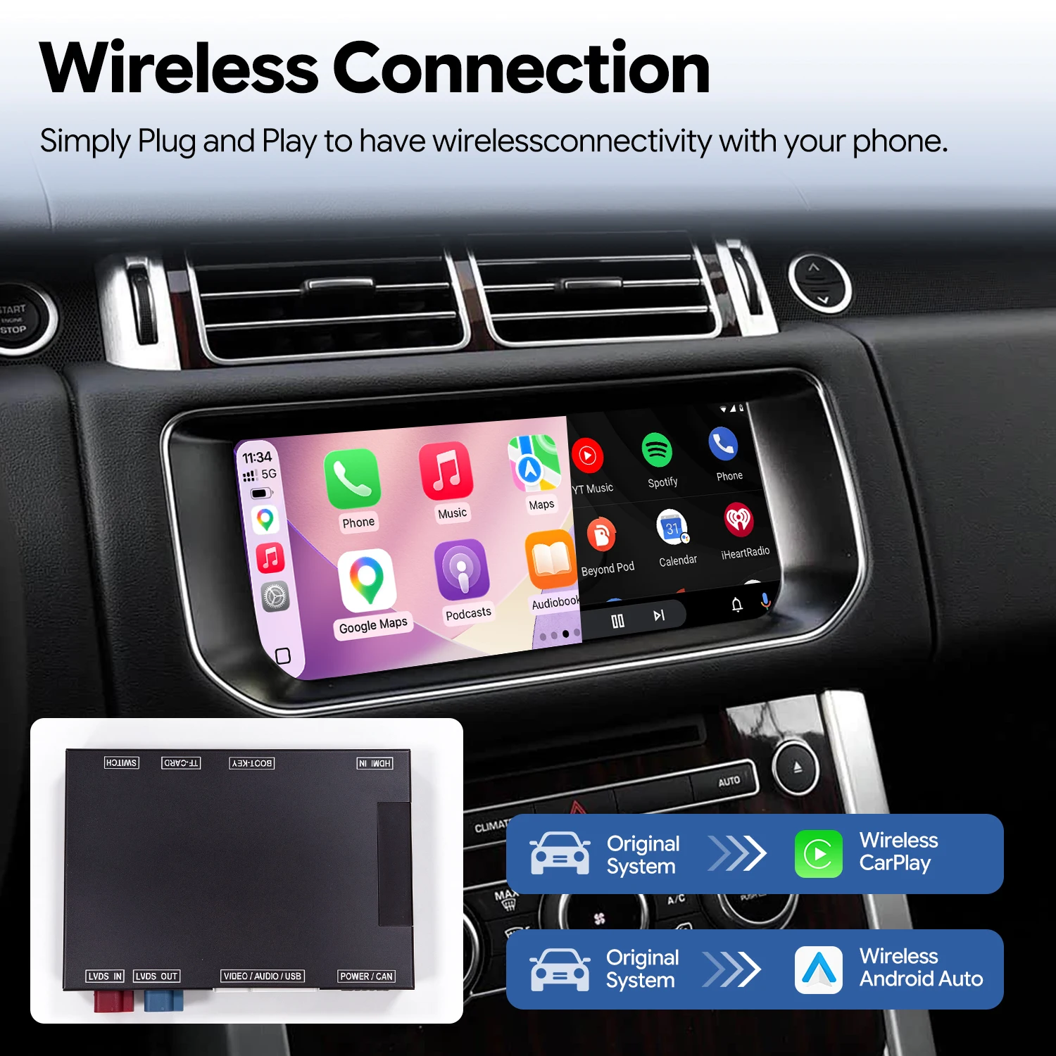 Wireless CarPlay Android Auto Interface Retrofit Kit for 2013–2018 Land Rover&Jaguar 8“/10