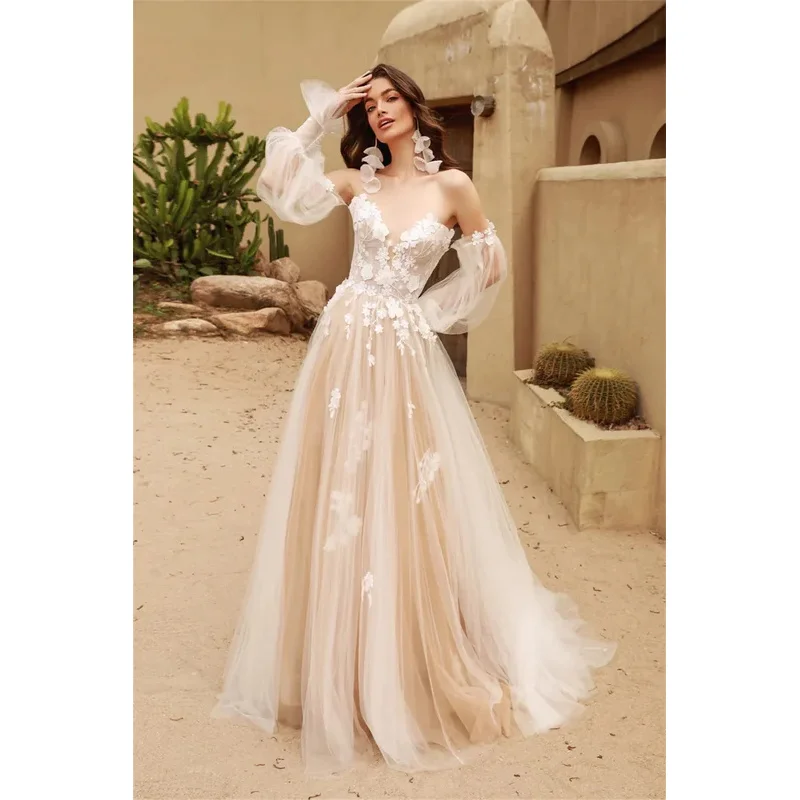 Light Champange Detachable Long Puff Sleeves V-neck Lace Applique Boho Beach A Line Wedding Dresses Custom Made 2025 Vestido De