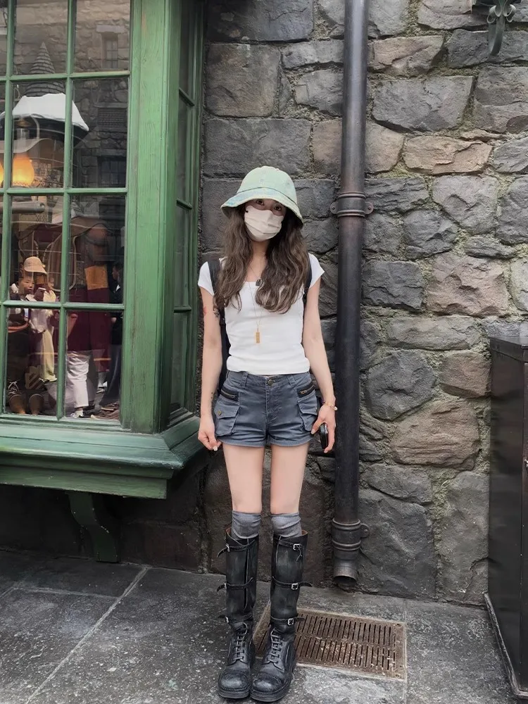 레다치 아큐비 패션 로우 웨이스트 데님 반바지 신상 트렌디 그레이 캐주얼 카고 포켓 타이트 부티 팬츠 핫 썸머 여성 워크웨어