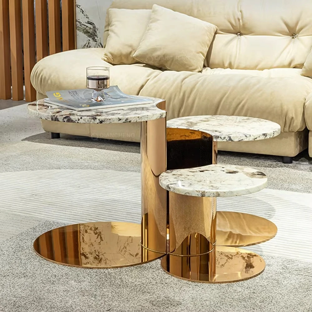 Antique gold coffee table, luxurious central metal marble sofa