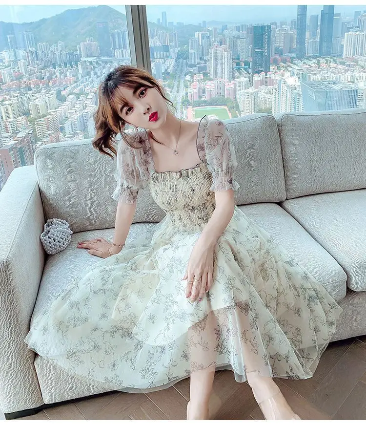 Vestidos de manga curta feminino ajuste apertado primavera gaze em camadas puff manga fofo império cintura fairycore suave adorável doce sonhador