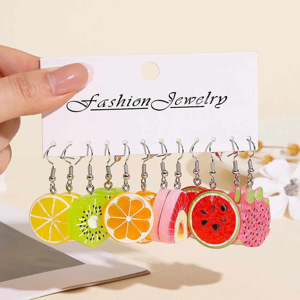 Cross Border Summer Fresh Imitation Fruit Earrings Colorful Resin Dangle Earrings Kiwi Strawberry Watermelon Pitaya Orange Penda