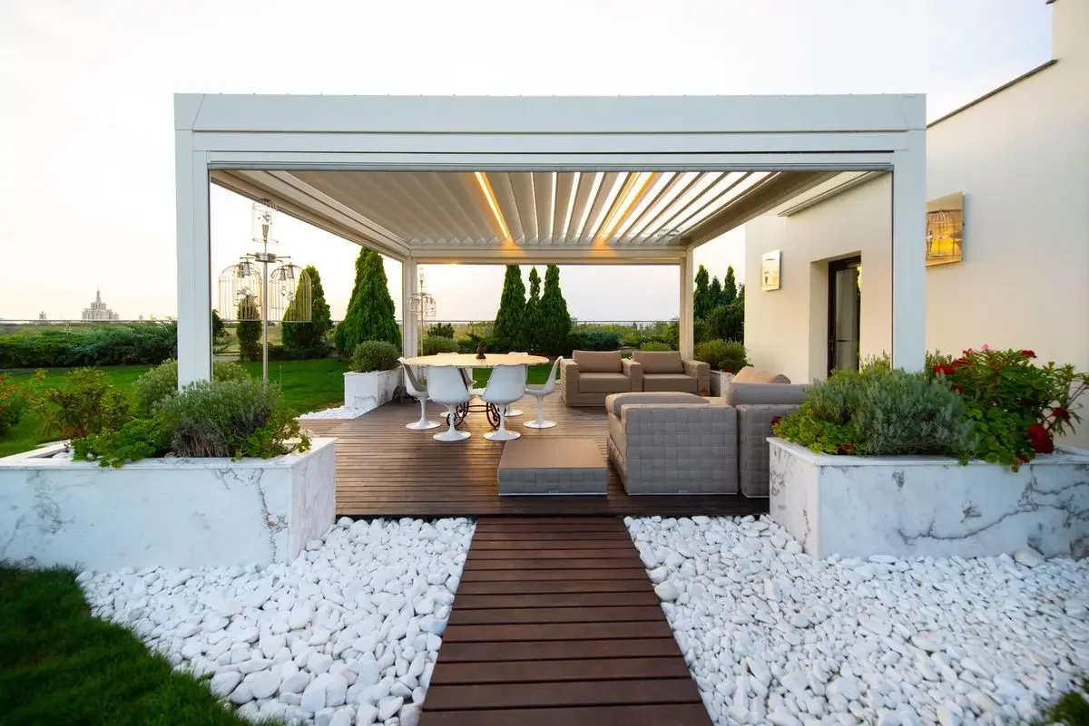 

Motorized Waterproof Outdoor Pergola, Modern Gazebo Adjustable Louvers, Poolside Sun Shade, Pergolas And Gazebos