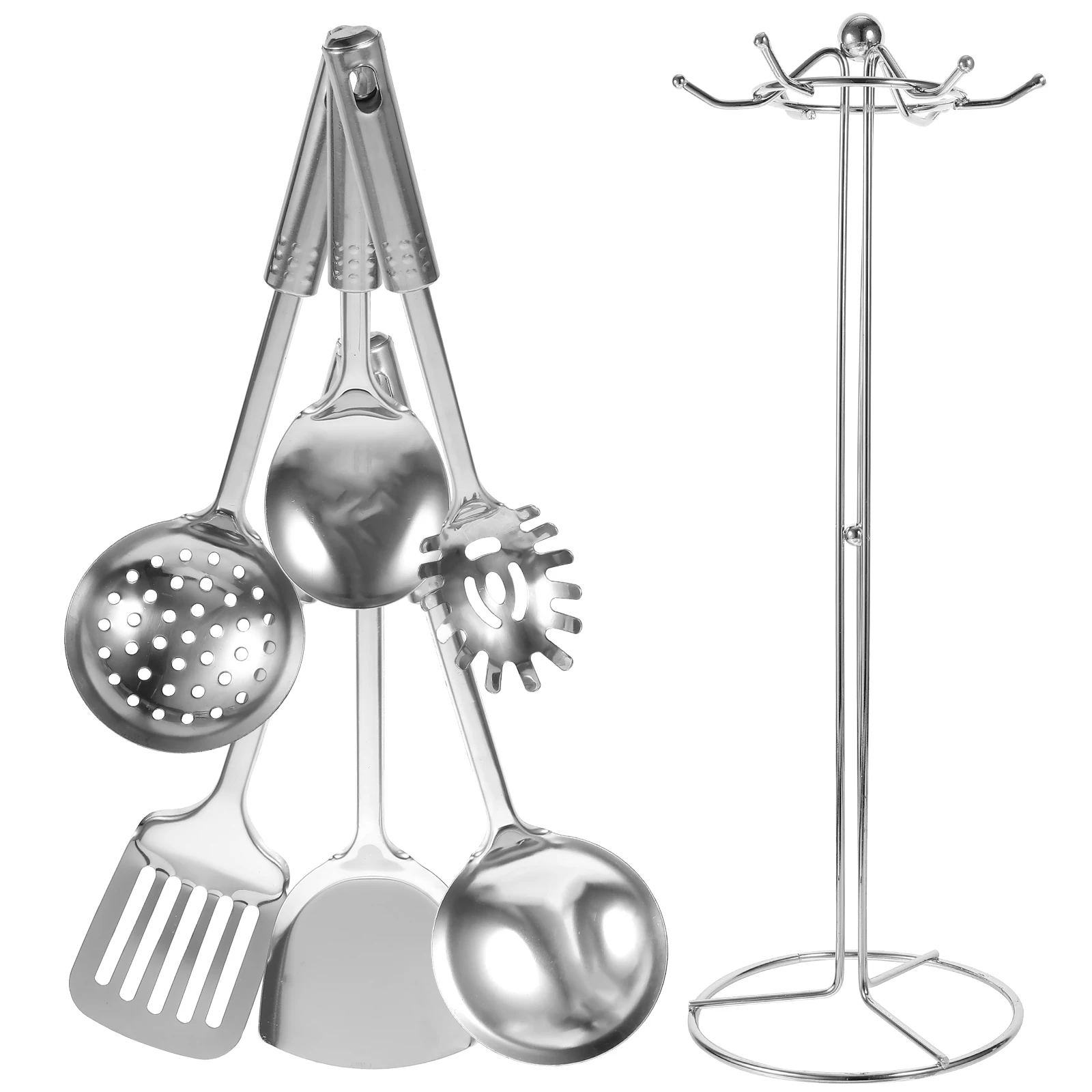 

6pcs Stainless Steel Cooking Utensil Set Kitchen Tools For Home Restaurant Cookware With Storage Stand Rack