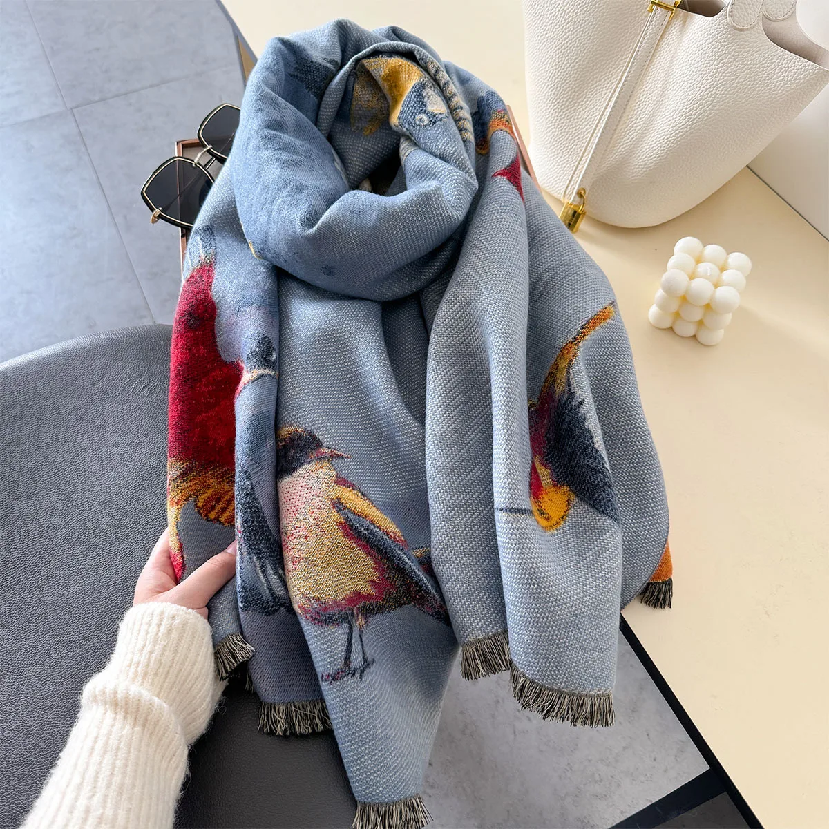 2024 New Winter Bird Print Long Scarf Women Warm Hijab Scarves Soft Cashmere Imitation Large Shawl Female Cold-proof Accessories