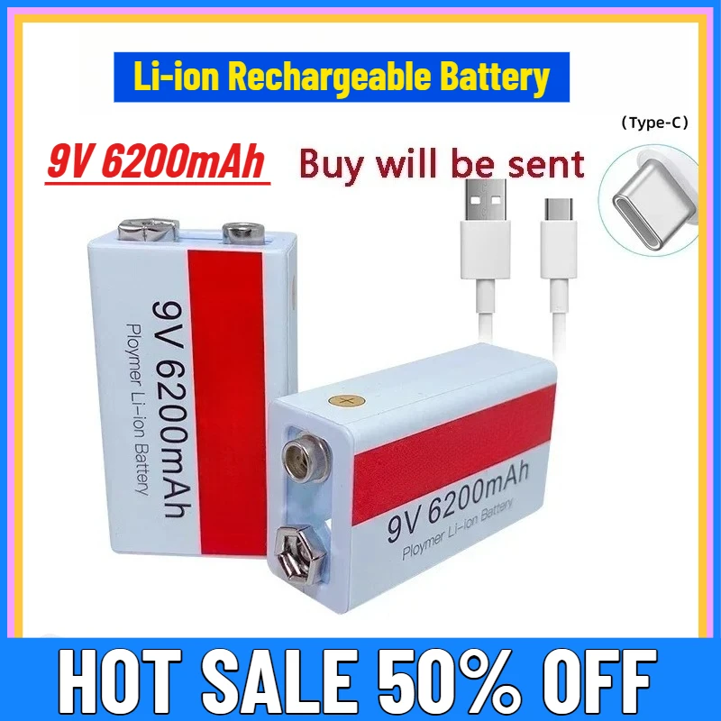 

9V 6200mAh Li-ion Rechargeable Battery Type-C for Multimeter Microphone Toy