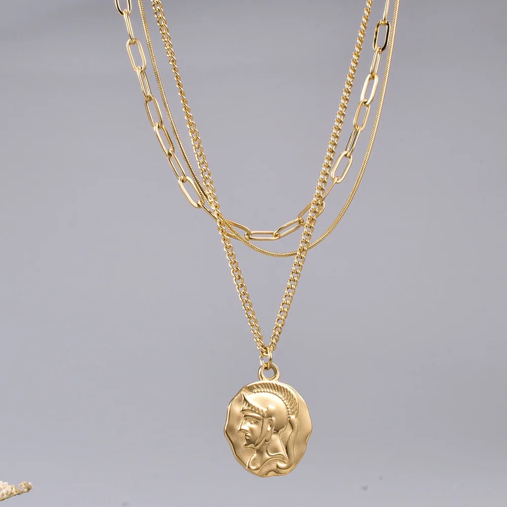 

18K Gold Plated Embossed Head Gold Coin Pendant Necklace Ladies Three Layers Snake Bone Clavicle Chain High Jewelry Gift