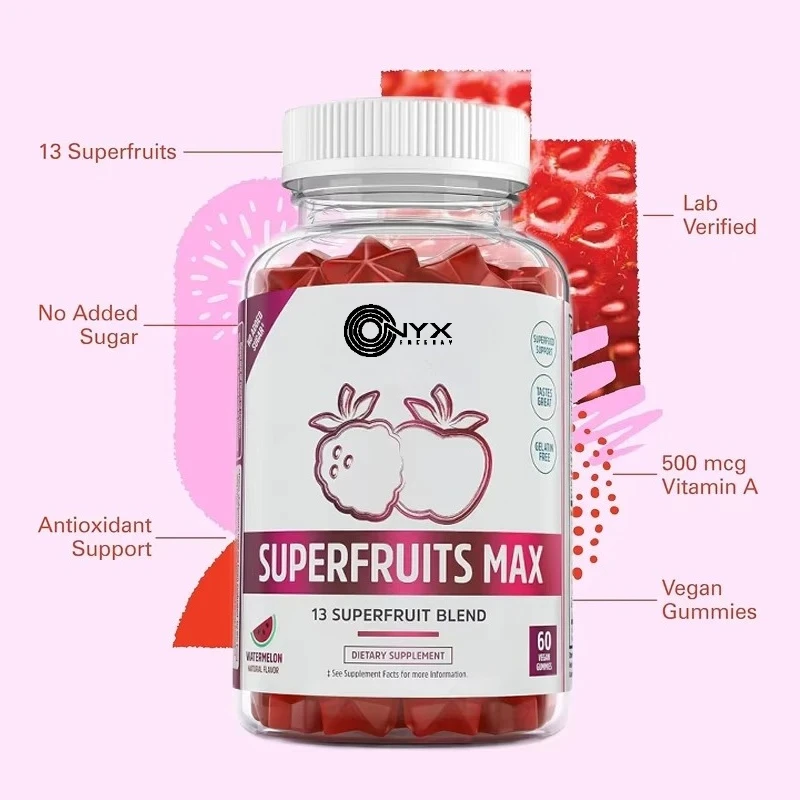 

60 vegetarian gummies with complex vitamins, 13 natural super fruits, rich in vitamins A, C, E, zinc, immunity, energy