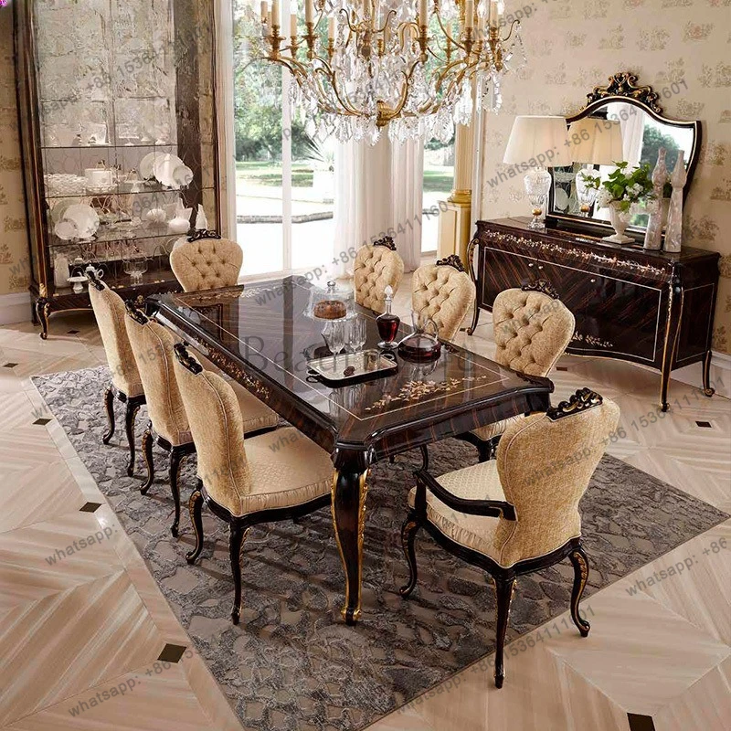 European-style villa birch carved dining table inlaid shell parquet furniture French dining table