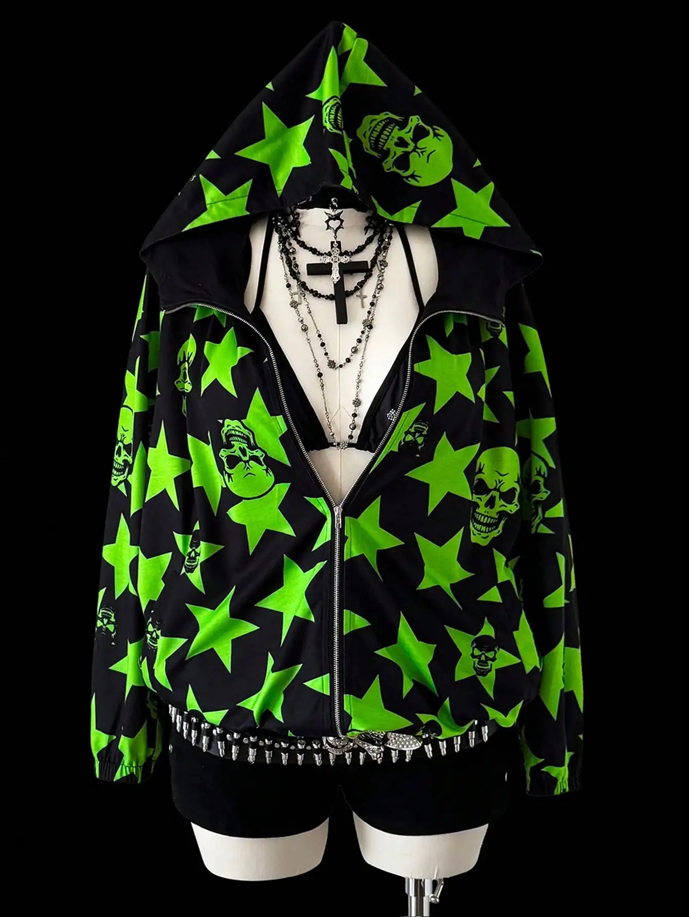 

Y2K Punk Zip-Up Hoodie with Neon Green Star & Skull Print, Oversized Fit, Lightweight for Spring Autumn