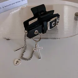Cross Pendant Black Leather Women Hair Clips Hair Claws Adult High-quality PU Leather Hair Accessories Rock Punk Girl Hair Clamp