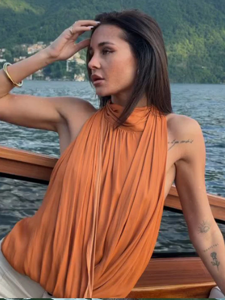 Damen-Oberteile, einfarbig, Pullover, Neckholder, Stehkragen, plissiert, rückenfrei, ärmellos, glamourös, locker sitzend, Partykleidung, Strandkleidung – Detail 17