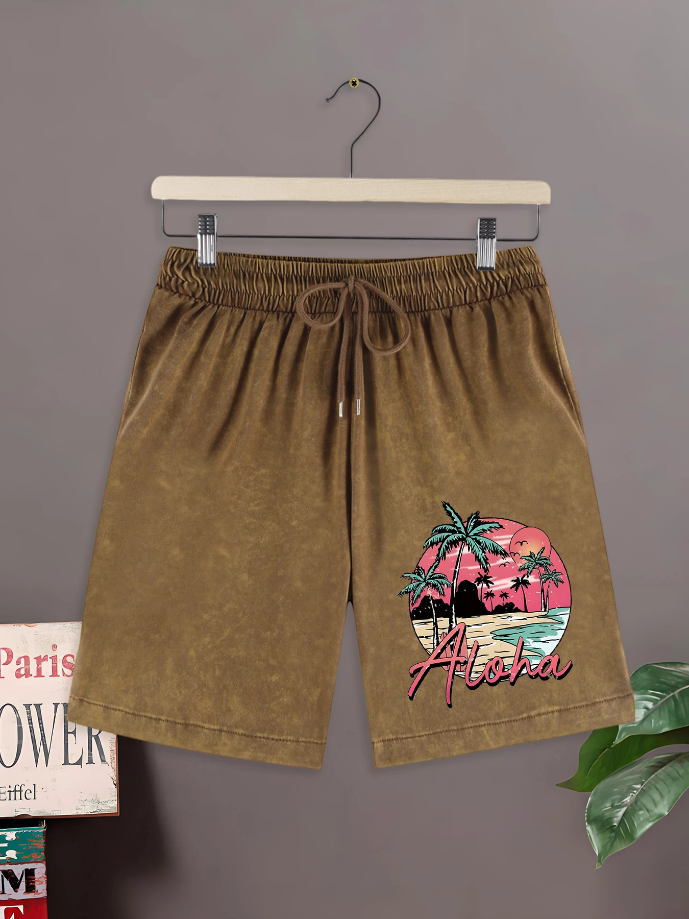 

Aloha Hawaii Beach Sunset Scenery Print Summer Casual Washed Short Pants Man Breathable Cotton Pants Street All-Match Shorts