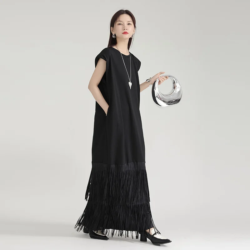 

Tassel Edge Long Dress Black Women Summer 2024 Waterfall Fringe High-end Short-sleeved Slim White Clothing Personalized Street