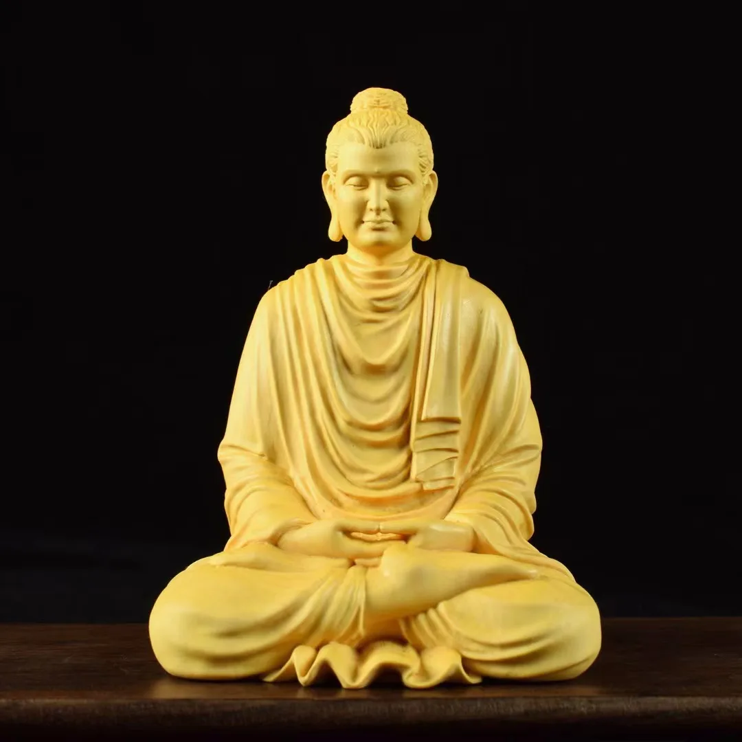 Natural Boxwood Shakyamuni Buddhist Statue, Solid Wood Carving，Lndian Figure Buddha，Home Room Office Feng Shui Statue