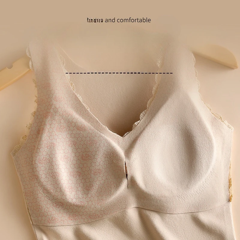 Women Thermal Underwear Top with Chest Pad Vest Seamless Underwear Winter Warm Tops 2-in-1 Built-in Bra Undershirt Camisole