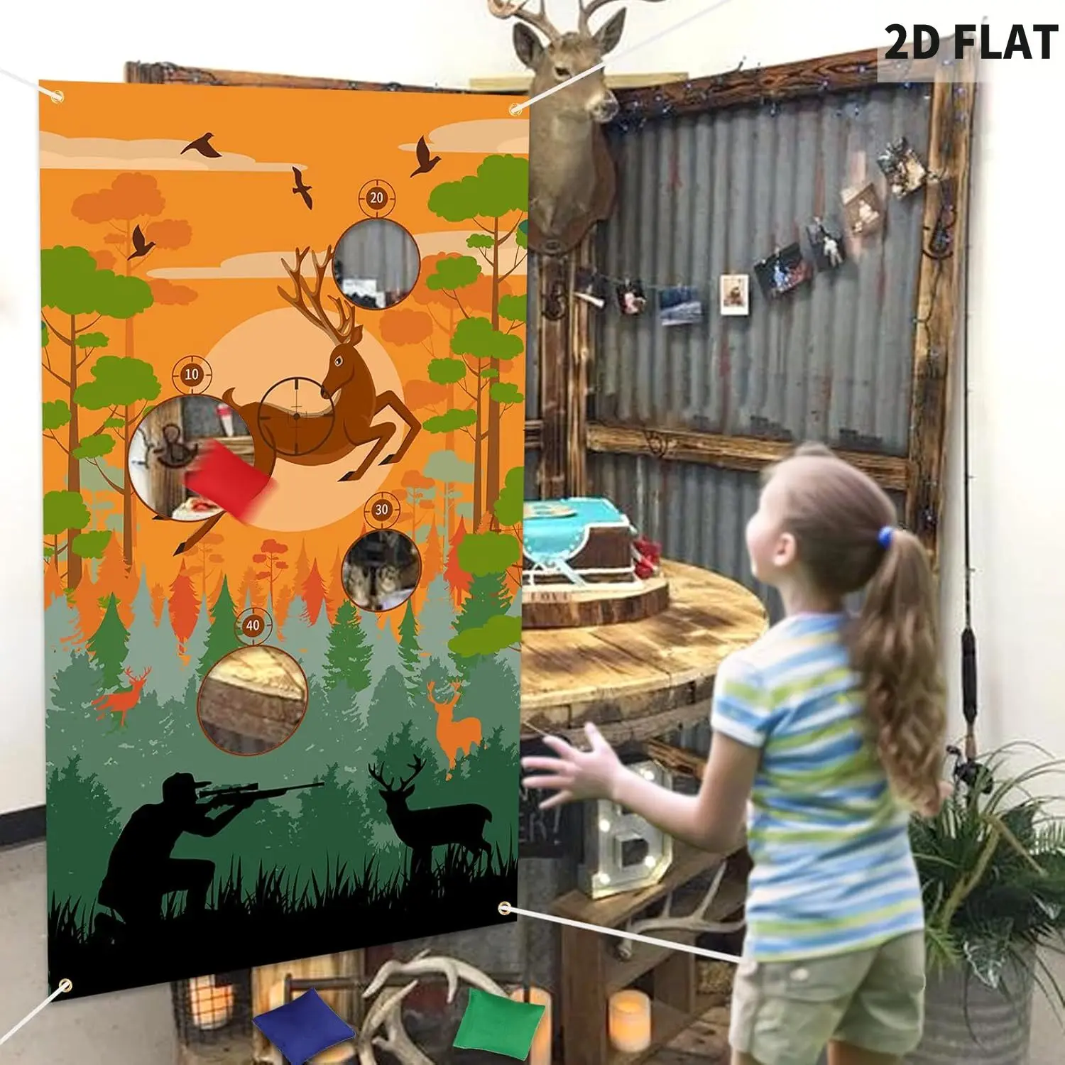 قطعة واحدة من لافتة ألعاب رمي الغزلان المسطحة ثنائية الأبعاد (لافتة فقط)، مع خلفية ألعاب رمي 4 فتحات، لألعاب الحفلات وديكور حفلات عيد الميلاد