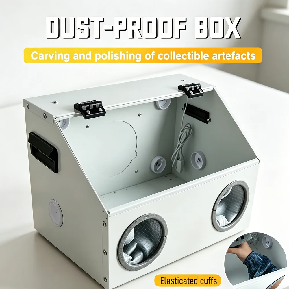 220V Dust Extraction Box with LED Light Metal Extractor Acrylic Dust Cover for Crafts, Polishing, Nail Art (Dual Hand Ports)