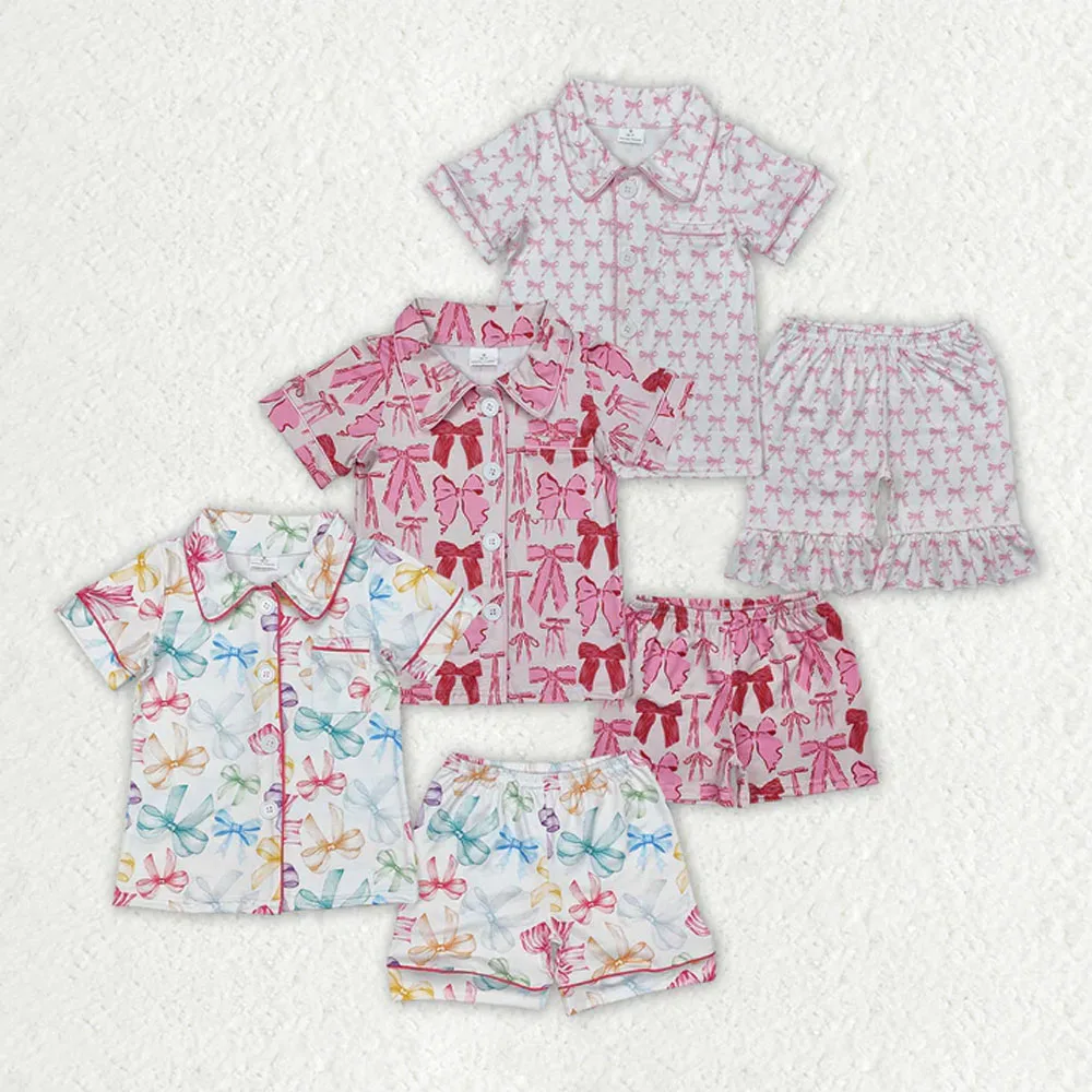 

Hot Sale Baby Girls Pajamas Pink Bows Short Sleeve Shirt Shorts Sleepwear Sets Boutique Kids Girls Pajamas Nightwear Kid Outfits