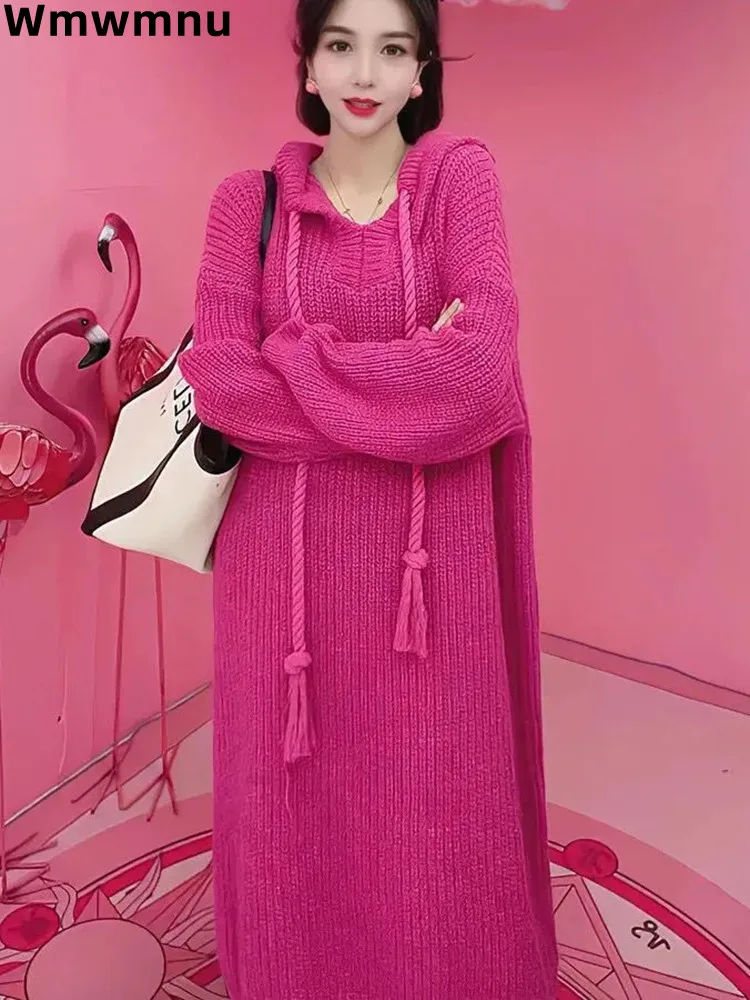 Y2k Chic Hoodies Rose Red Knitted Dress Korean Lace Up Sweater Robe Korean Loose Straight Knitwear Vestidos Mujer New 2023