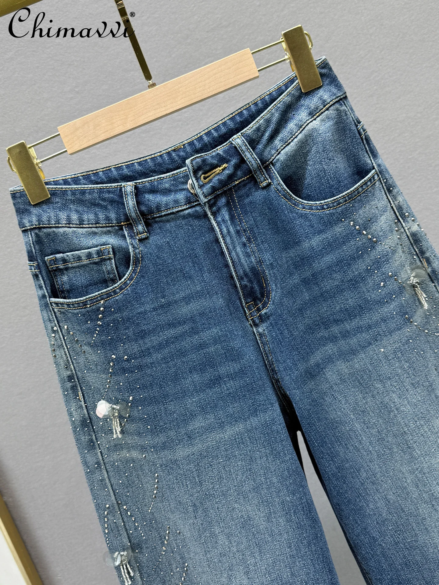 핫 라인스톤 청바지 여성 롱 팬츠 2025 가을 신상 하이웨이스트 루즈핏 유럽풍 헤비 와이드 레그 팬츠