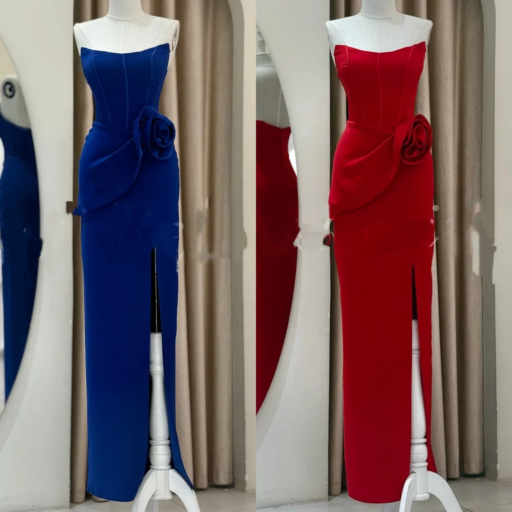 

Customized Modern Style Elegant Jersey Handmade Flower Pleat Column Strapless Long Dresses Bespoke Occasion Dresses Fashion Sexy