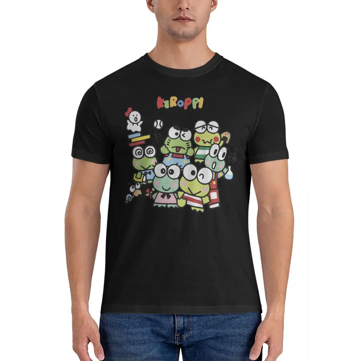 Sanrio Cartoon Character T-Shirt for Men Keroppi Humorous 100% Cotton Tees Crewneck Short Sleeve T Shirt Party Tops