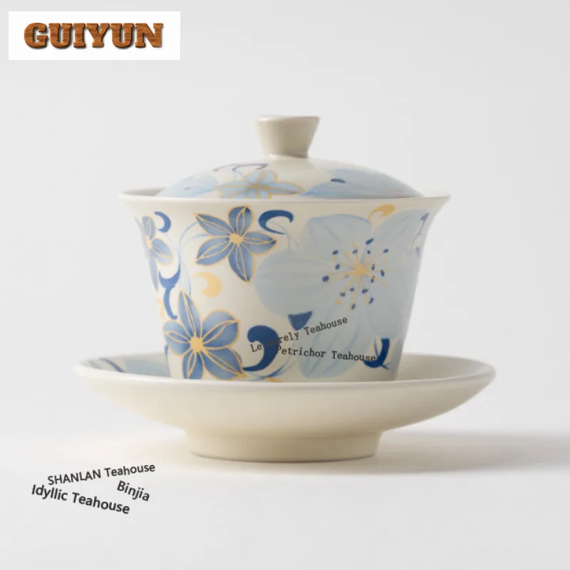 130ml Hand Painted Lily Gaiwan Aesthetic Tea Tureen Household Tea Bowl With Lid Kit Tea Maker Cover Bowl Teaware Decoration