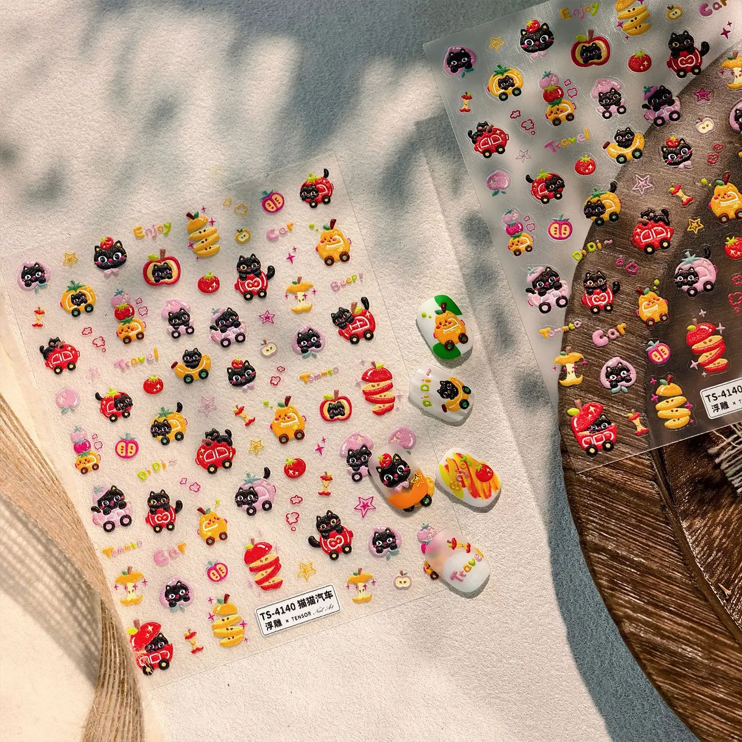 Dopamina lindo gato negro fruta coche 5D en relieve autoadhesivo pegatinas para decoración de uñas manzana melocotón plátano pera dibujos animados 3D calcomanías de manicura