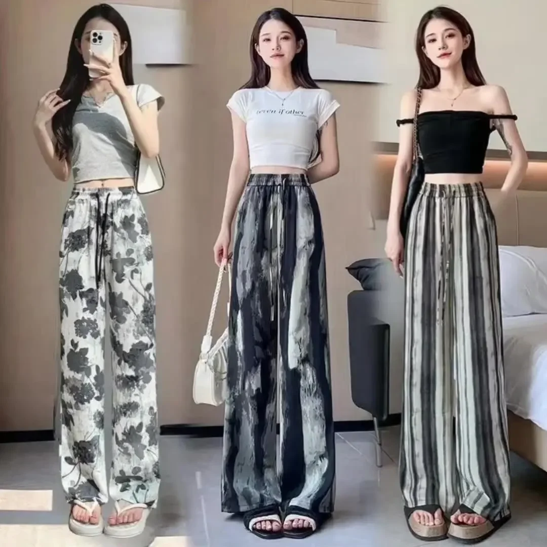 New Chinese Style Ice Silk Wide Leg Pants for Women's Spring Summer 2025 New High Waisted Straight Tube Ink Tie Dye Casual Pants