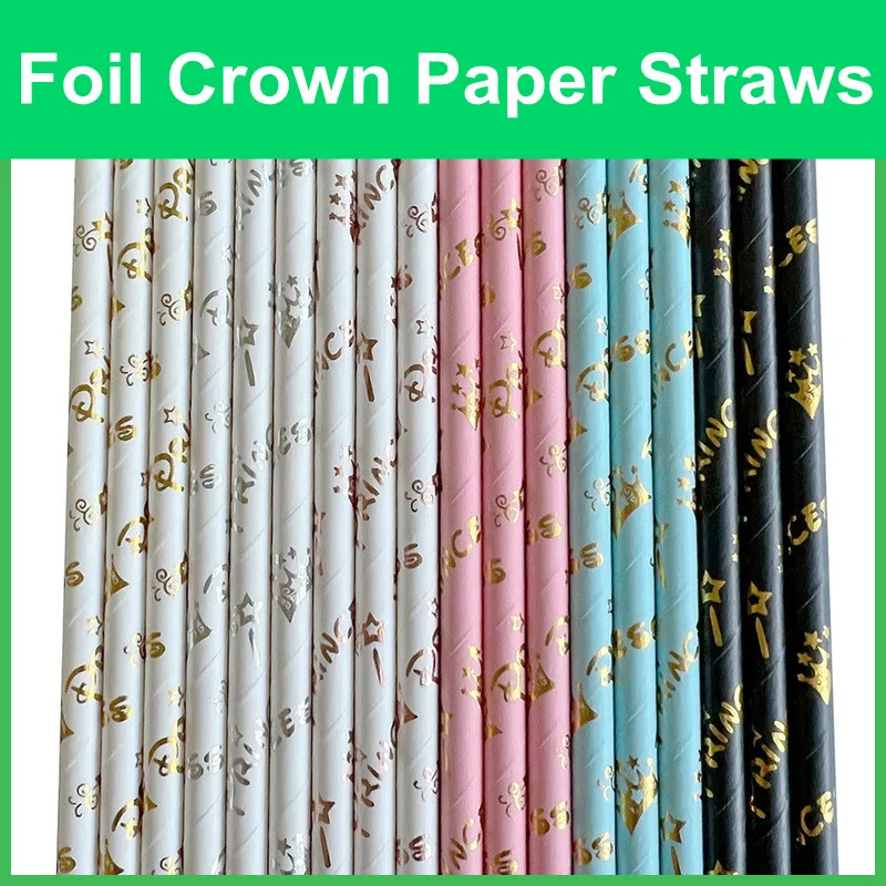 

200 Pcs Metallic Foil Princess Crown Paper Straws-Rose Gold Silver Light Pink Blue Black Baby Shower 1st Birthday Party Drinking