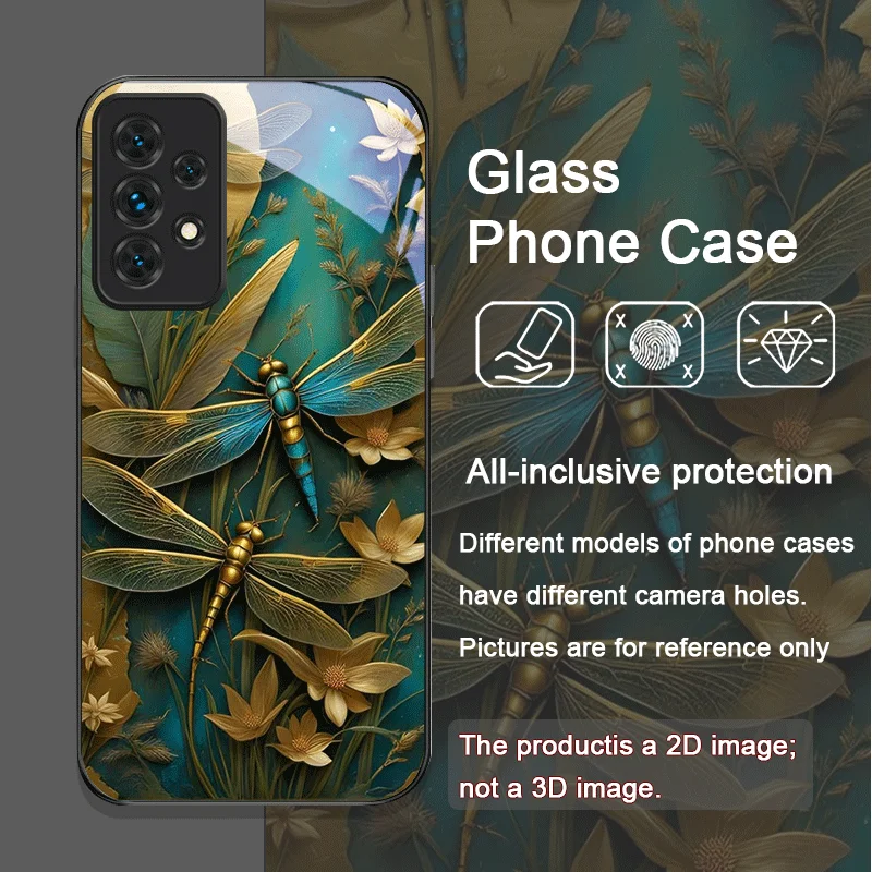 Funda de teléfono de cristal templado con libélula dorada y flor para Samsung Galaxy A06 A17 A55 A54 A53 A52 A36 A14 A31 5G, funda con patrón Floral