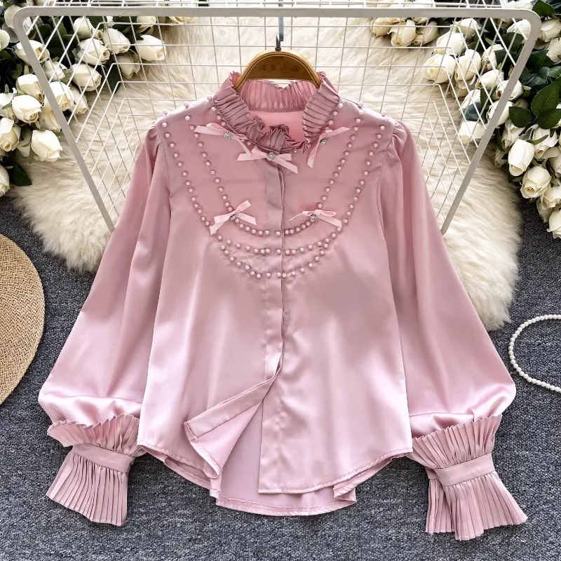 2025 Spring New Vintage French Women Clothing Blusas Mujer Beading High Grade Blouses O Neck Pleated Bowknot Chic Satin Shirts