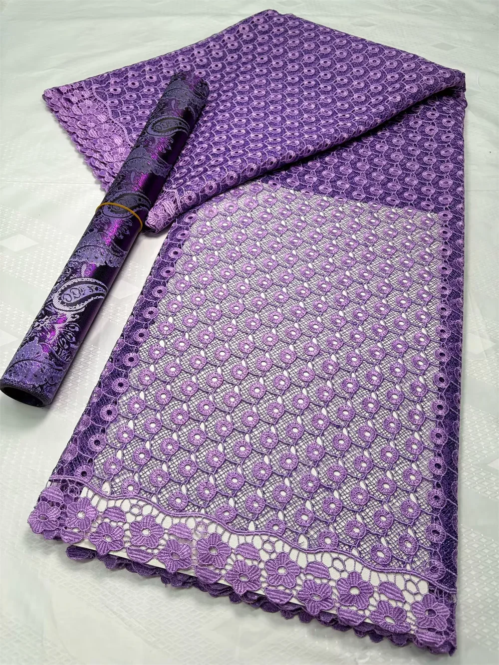 Purple Highest Quality Hand Cut The Hole Women Water Soluble Original Fabric African With 3D Sego Hayes Headtie 2Pcs Wrap Sewi