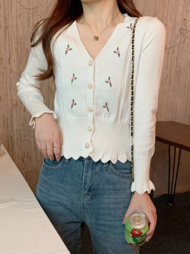 Zoki Embroidery Flowers Women Ruffles Cardigan Elegant Fashion V Neck Knitted Sweater Korean Sweet Long Sleeve Buttons Tops New