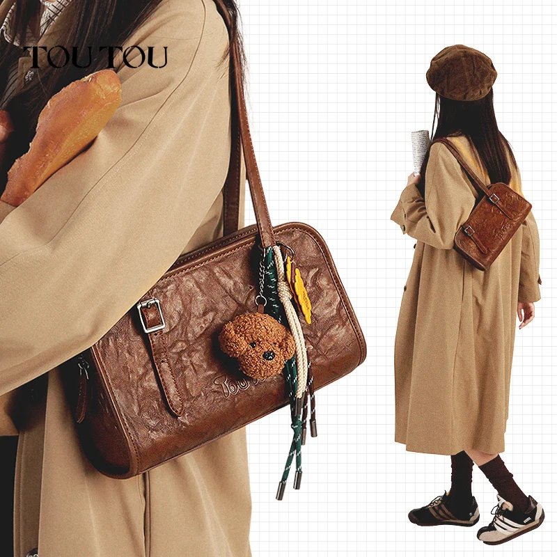 

TOUTOU женская сумка подмышки коричневая винтажная оригинальная дизайнерская брендовая сумка с подвеской в виде собаки подмышки осенняя сумка для боулинга в Бостоне подарок на день учителя