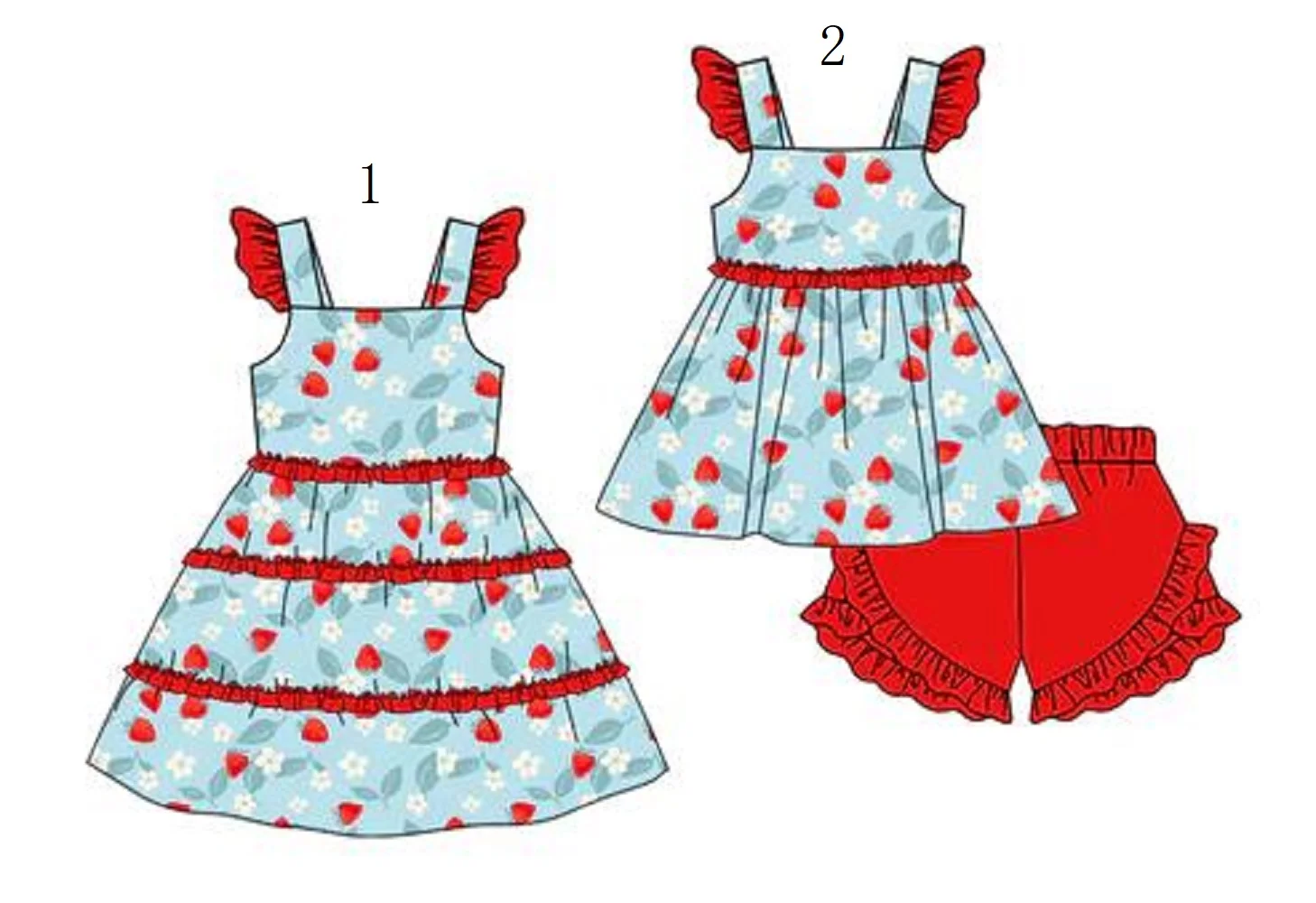 

Summer Girls Clothes Baby Girls Blue Strawberry Flowers Ruffles Summer Dress Small Flying Sleeve Shorts Sets