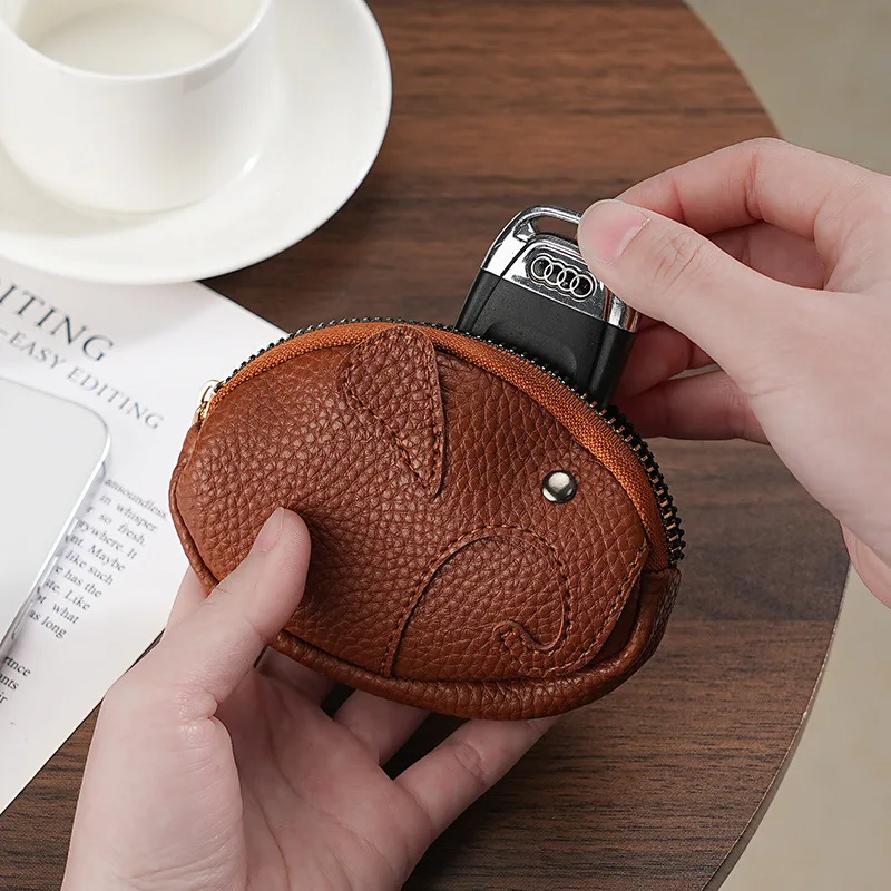 Mini bolsa de couro macio real, chaveiro de elefante fofo, bolsa de moedas com zíper japonês, bolsa de armazenamento feminina