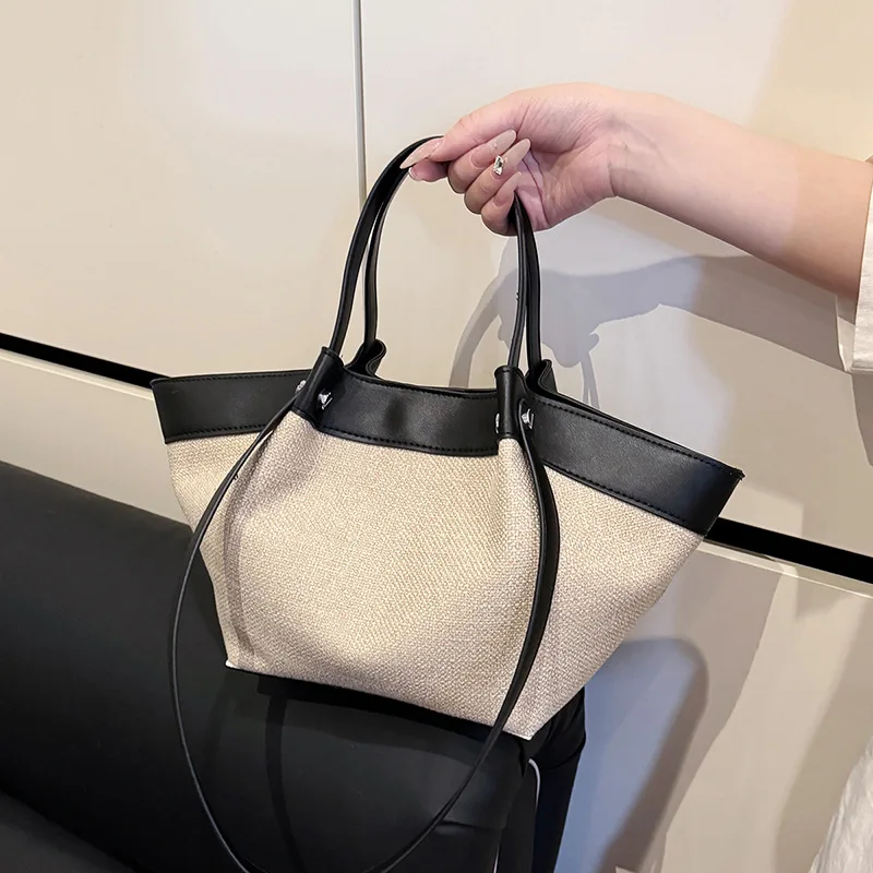 

Casual Canvas Patchwork Basket Bags Luxury Designer Trapeze Women Handbags Large Capacity Shoulder Bag Summer Beach Bag