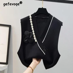 Spring Autumn Fashion V-neck Elegant Chic Beads Sleeveless Knitted Sweater Vest Casual Street Solid Loose Pullovers Top Female