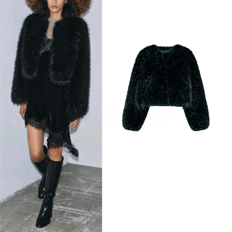 

Elegant Black Faux Fur Coat round Neck Women's Style Autumn Winter New Arrival Short Outerwear Polyester Fiber Long Sleeve