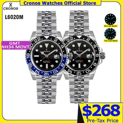Cronos GMT NH34 Automatic Men WatchBidirectional Bezel Sapphire 20 ATM Solid, 5 Links Metal Bracelet BGW-9 Lum L6020M