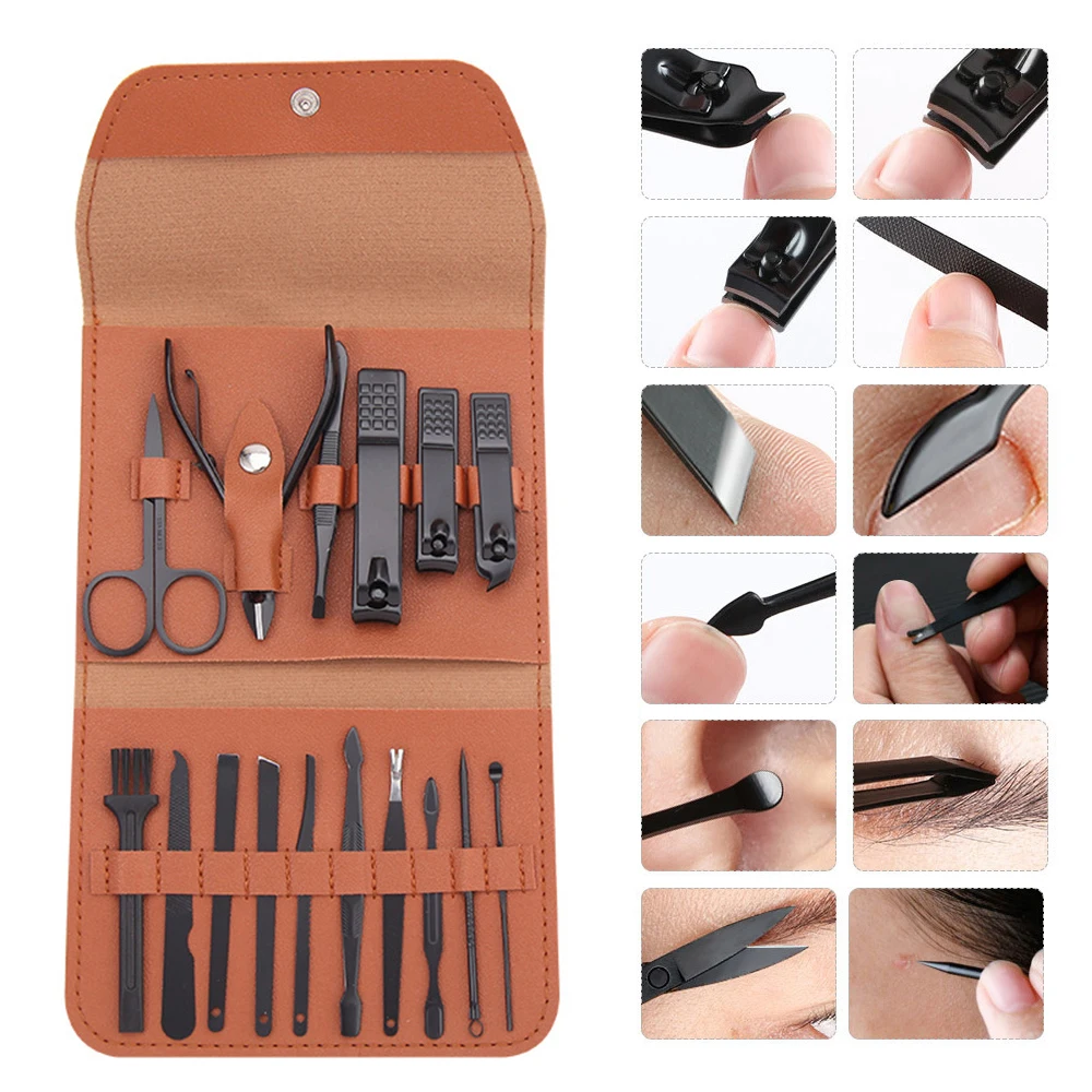 Conjunto de manicure, kit profissional de cortador de unhas feminino 16 peças, ferramentas de cuidado de cortador de unhas de aço inoxidável kits de aliciamento profissional, pu