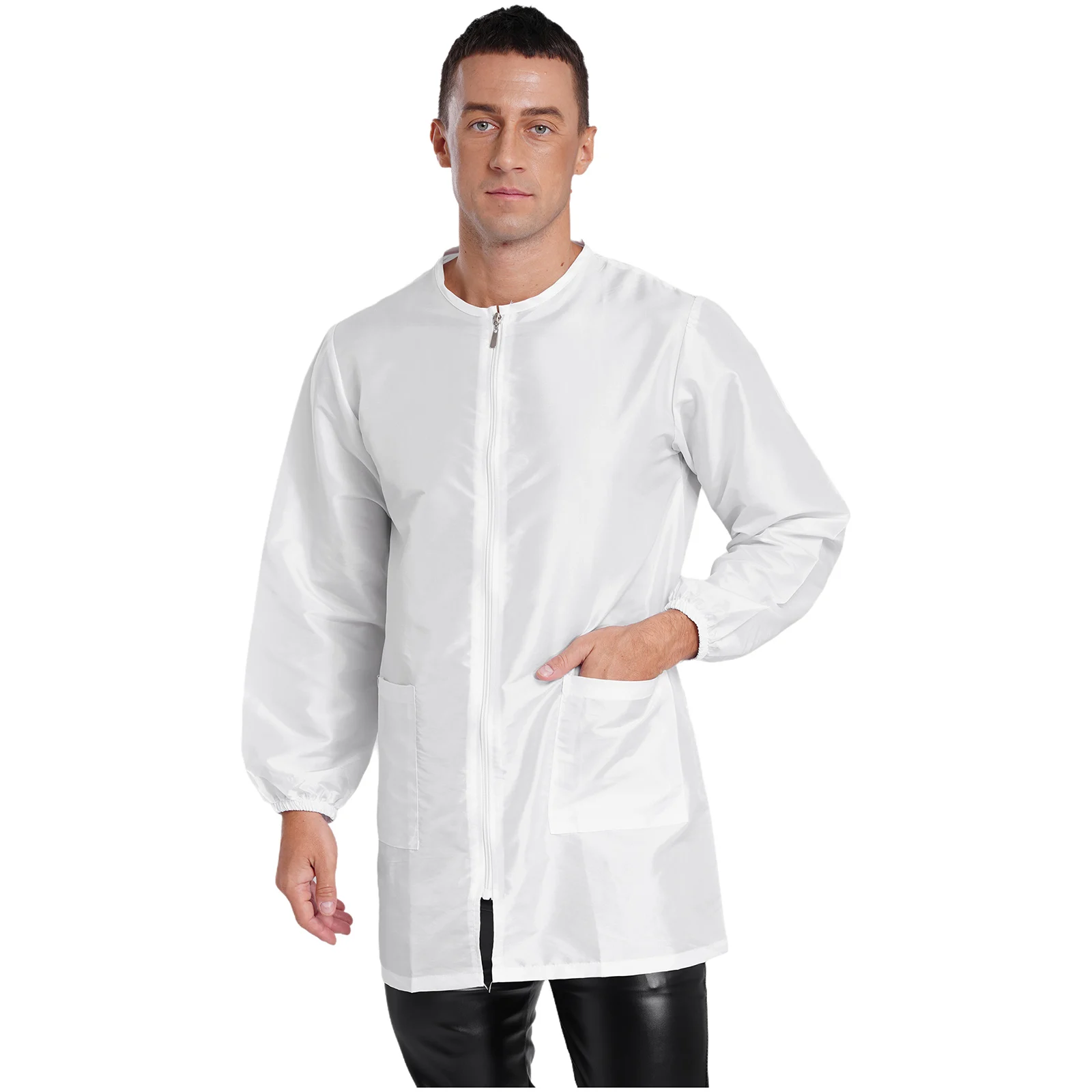 

Working Cooking Tops Adult Men Long Sleeve Zipper Pockets Robe Gown Smock for Hair Barber Salon Workshop Tops