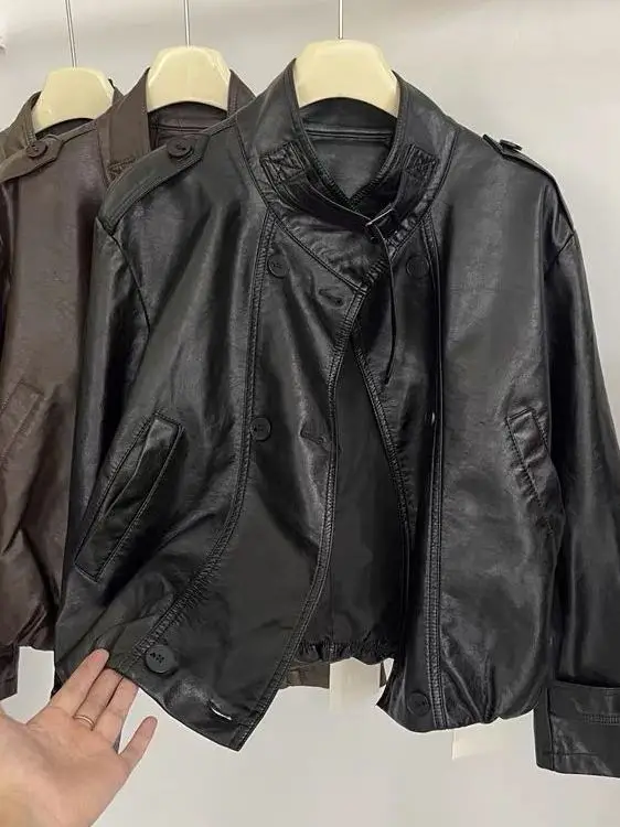 Faionable Stand Collar PU Leather Jaet Women's ort Sle 2025 Autumn New Loose Slimming Motorcycle Biker Coat