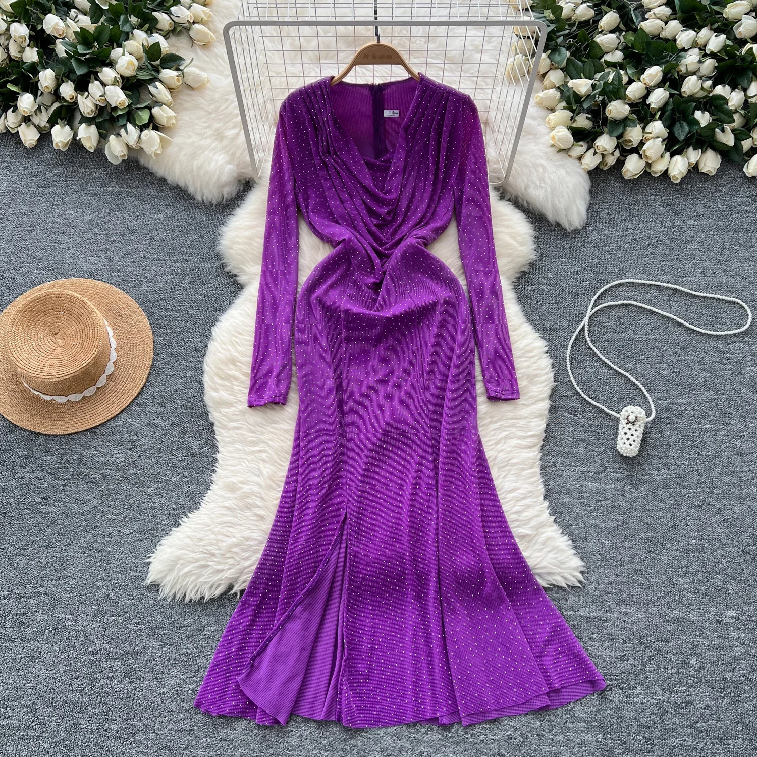 Elegant Swinging Collar Vintage Long Sleeve Chic Rhinestone Slim Split Mermaid Dress French Evening High Street Autumn Clothing