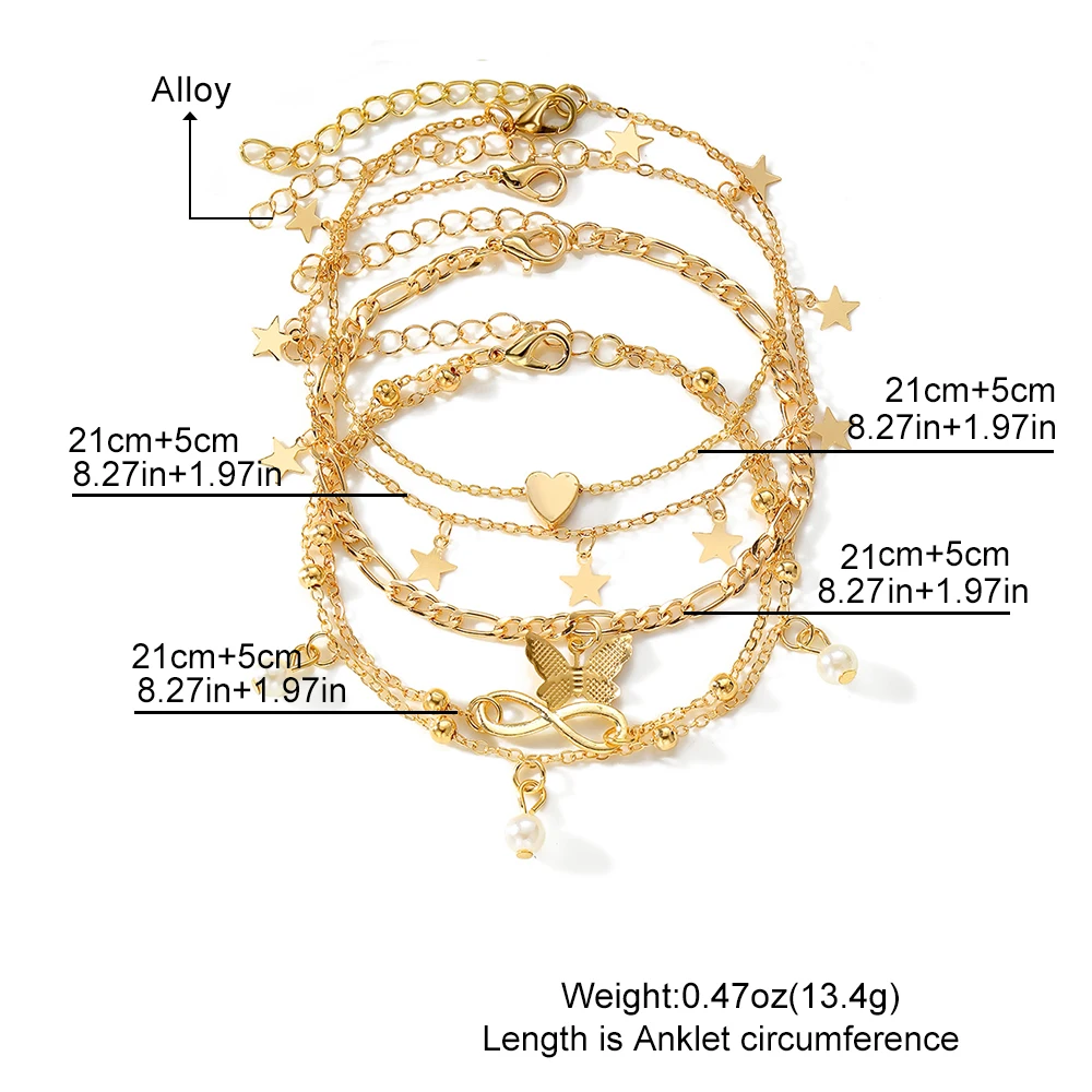 IPARAM Exquisite Metal Butterfly Star Heart Pendant Anklets Set Bohemia Vintage Pearl Pendant Foot Bracelet Beach Woman Jewelry image 2